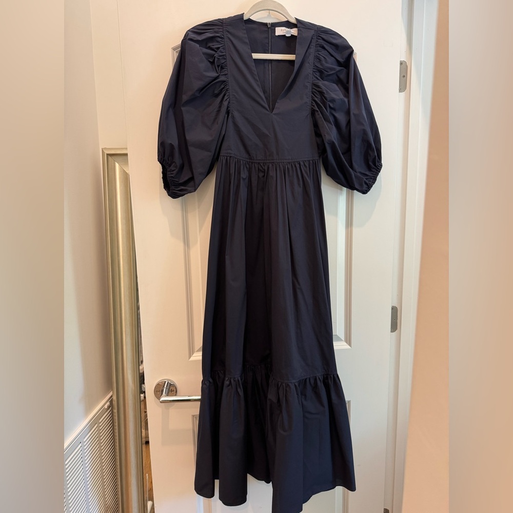 HUNTER BELL Palmer Dress Navy Blue Cotton Puff Sleeve Tiered V-Neck